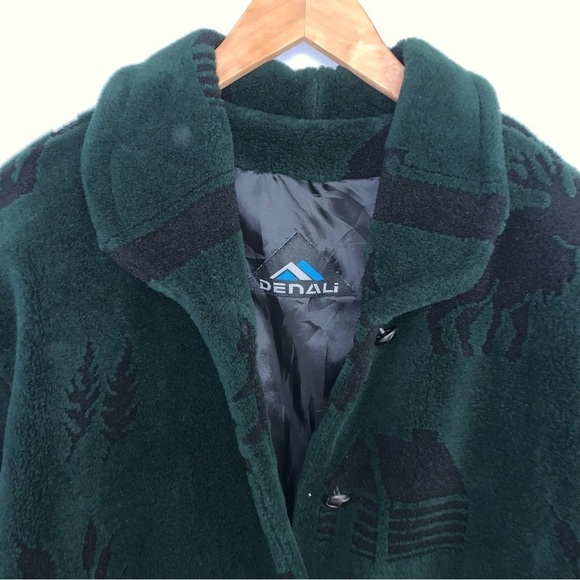 Denali‎ Vintage Long Fleece Coat Log Cabin  Moose Green Button-down Size Large - Picture 4 of 7